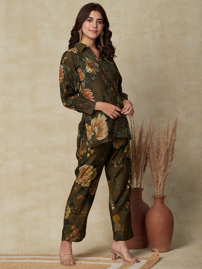 Floral Foil Printed Shirt with Pants Indo-Western Co-ord Set - Coffee Brown