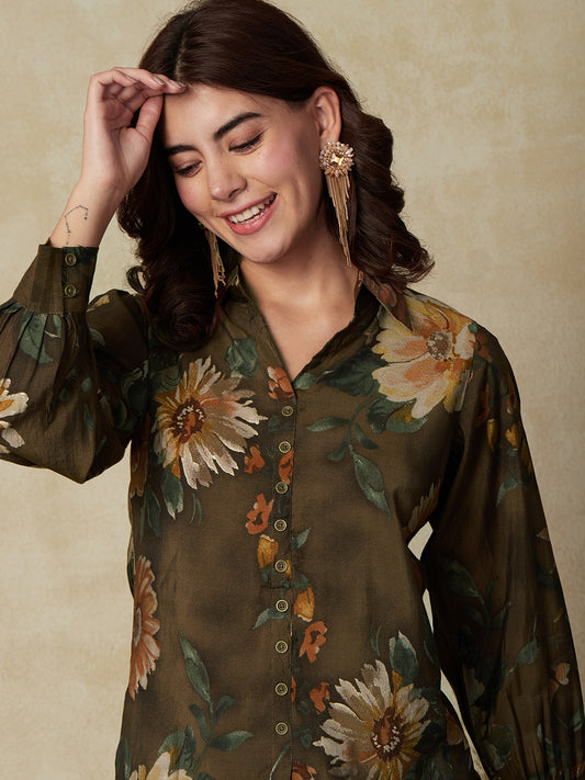 Floral Foil Printed Shirt with Pants Indo-Western Co-ord Set - Coffee Brown