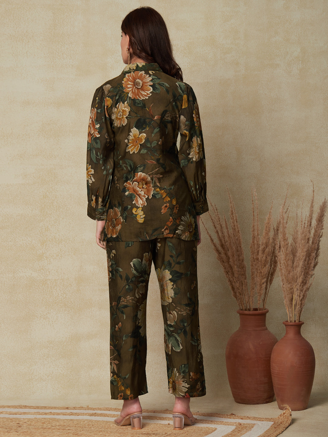 Floral Foil Printed Shirt with Pants Indo-Western Co-ord Set - Coffee Brown