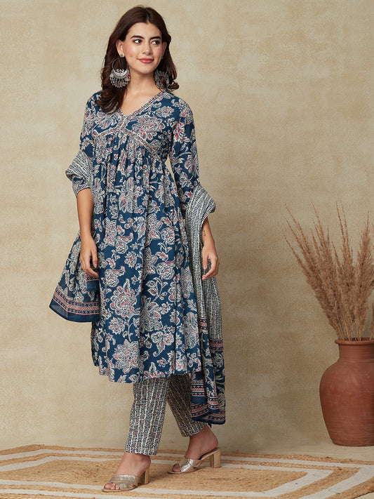 Floral Printed Mirror & Sequins Embroidered Pleated Kurta with Pants & Dupatta - Blue