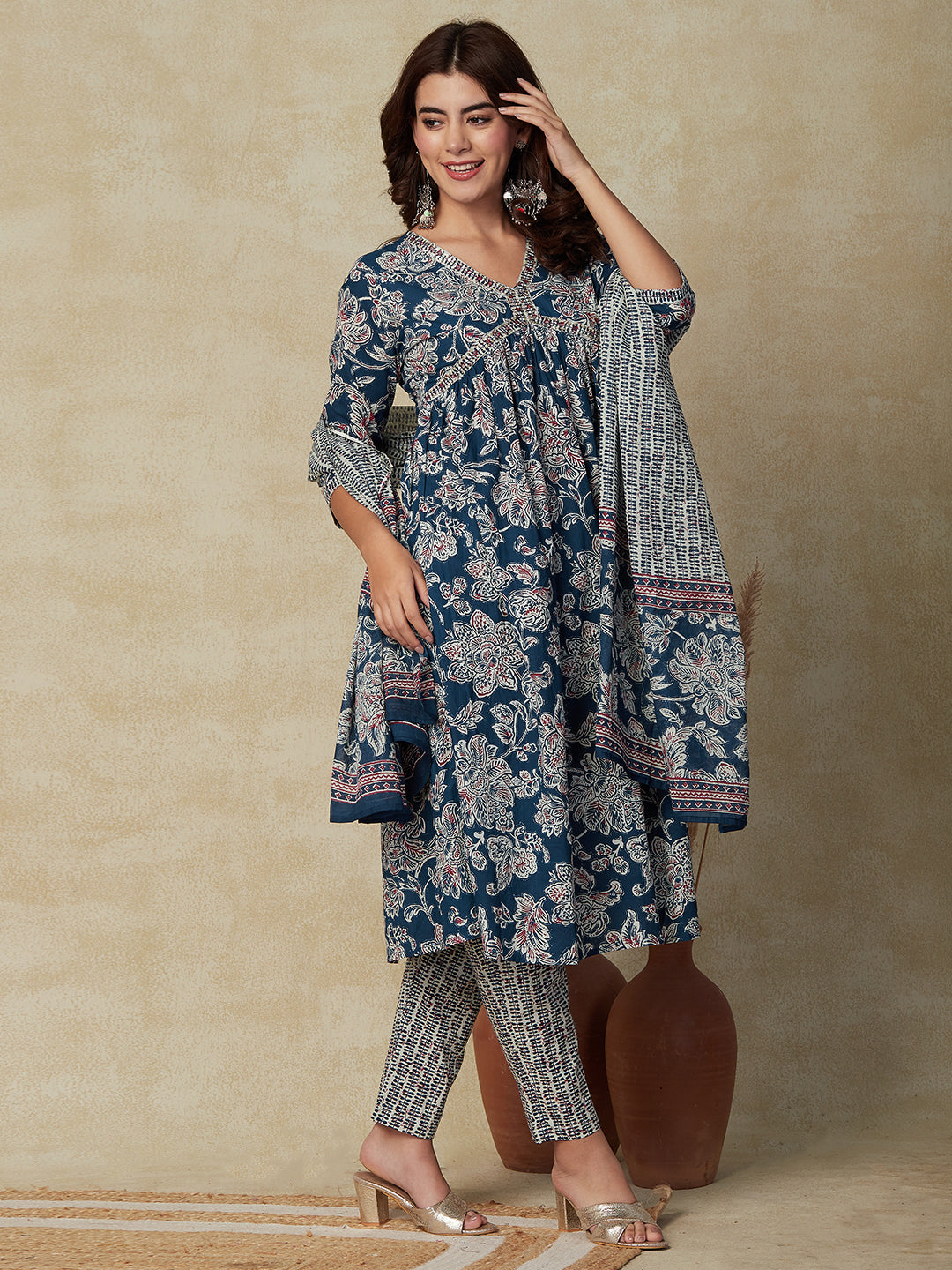 Floral Printed Mirror & Sequins Embroidered Pleated Kurta with Pants & Dupatta - Blue
