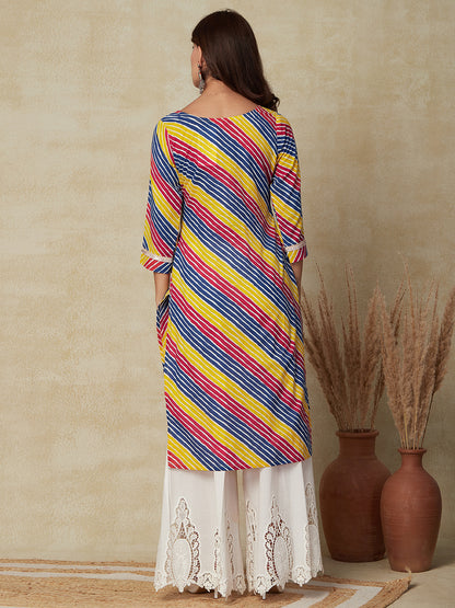 Leheriya Printed & Zari Embroidered Straight Fit Kurta - Multi