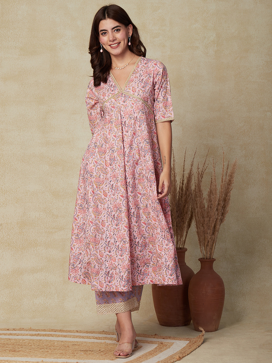 Ethnic Floral Printed A-Line Flared Kurta with Palazzo - Pink