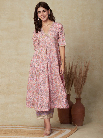 Ethnic Floral Printed A-Line Flared Kurta with Palazzo - Pink