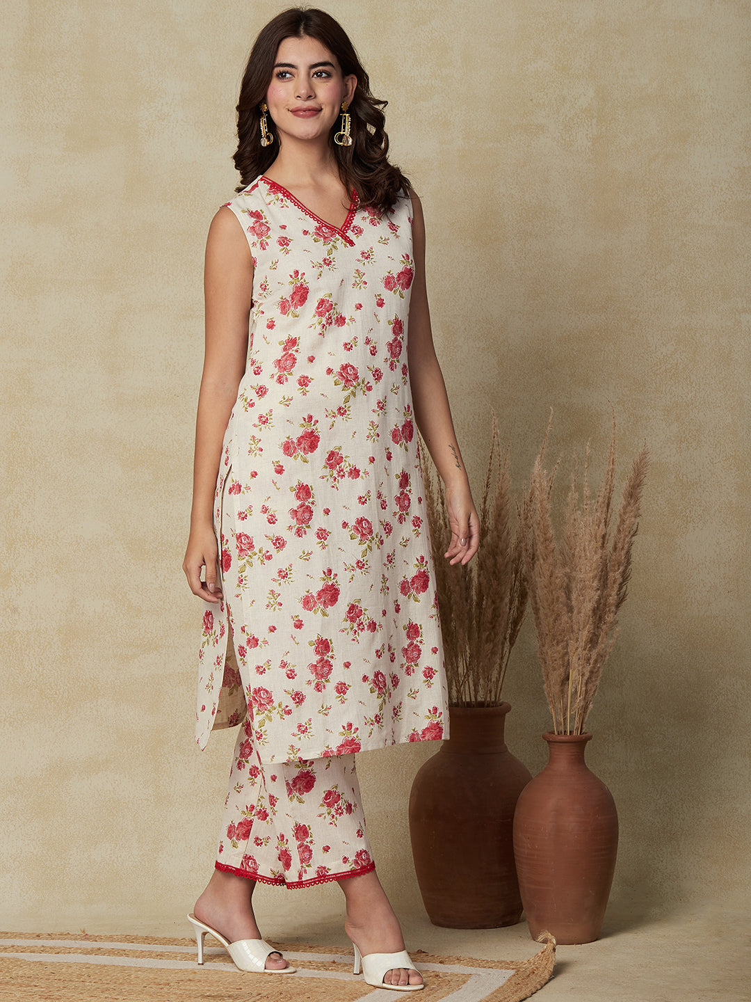 Floral Printed Straight Fit Kurta with Palazzo - Off White