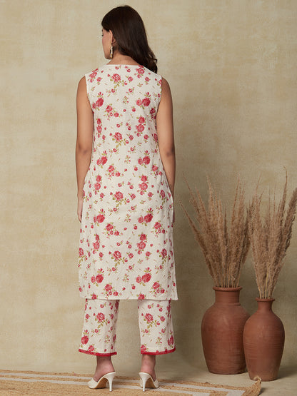 Floral Printed Straight Fit Kurta with Palazzo - Off White