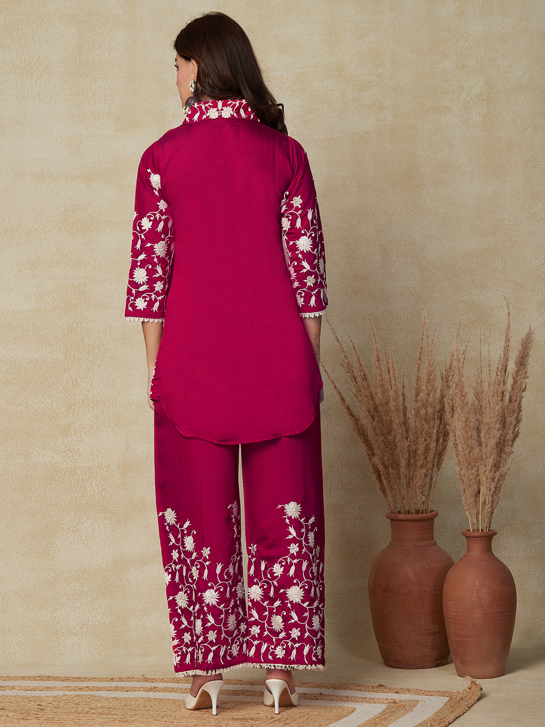 Solid Floral Embroidered A-Line Kurta & Palazzo - Magenta