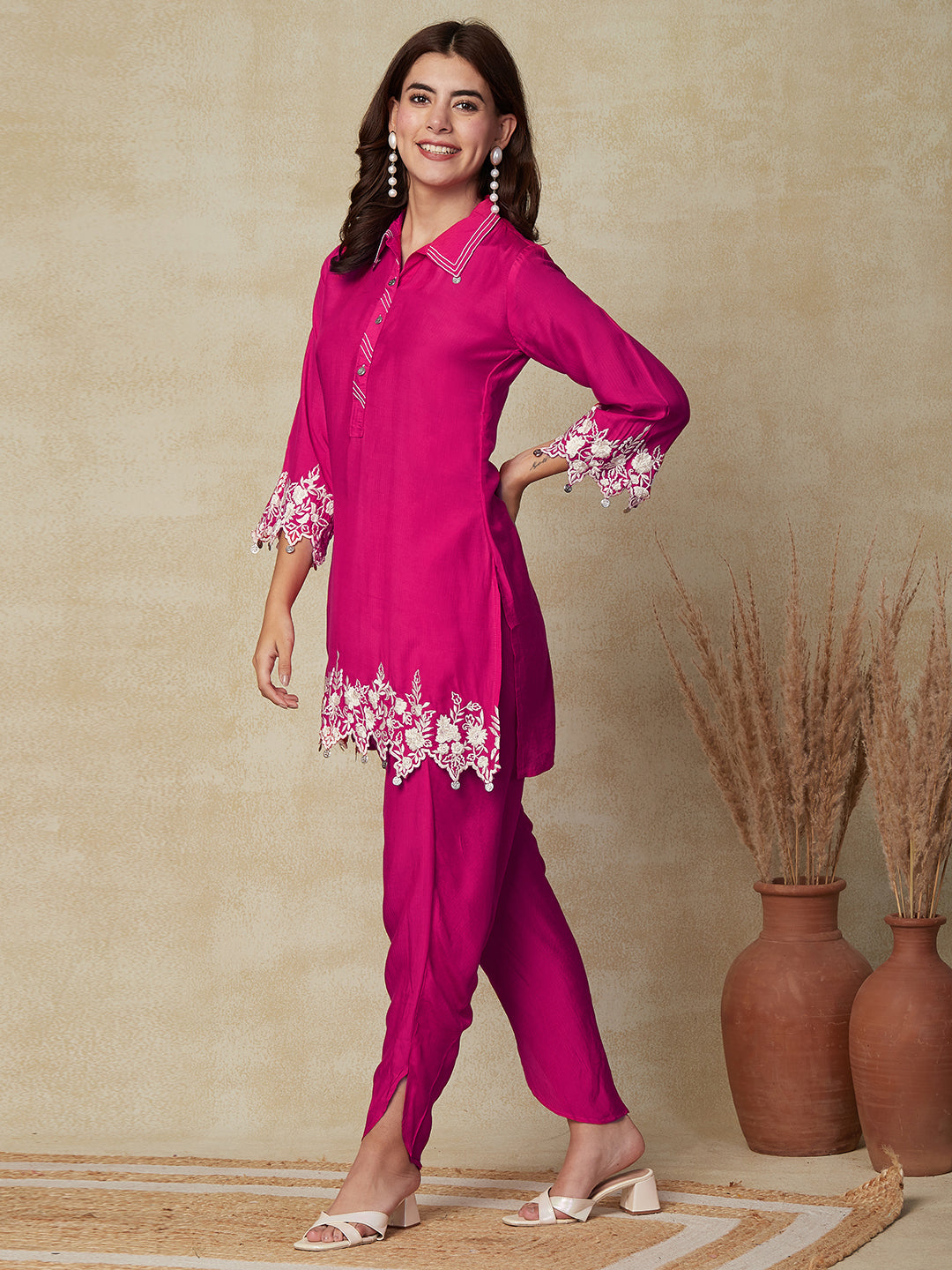 Solid Mirror Embroidered Pin-Tucks Kurti with Pants Indo-Western Co-or –  FASHOR