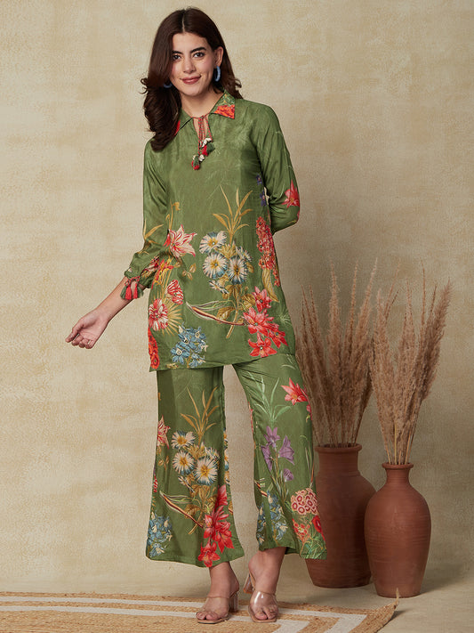 Floral Printed Mirror & Zari Embroidered Kurti with Pants Indo-Western Co-ord Set - Green