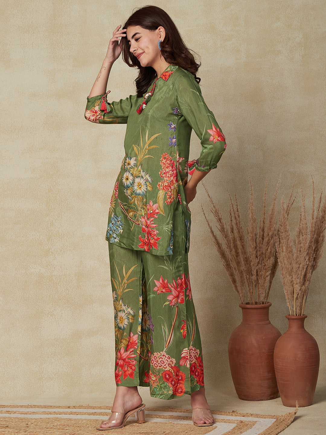 Floral Printed Mirror & Zari Embroidered Kurti with Pants Indo-Western Co-ord Set - Green