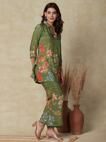 Floral Printed Mirror & Zari Embroidered Kurti with Pants Indo-Western Co-ord Set - Green