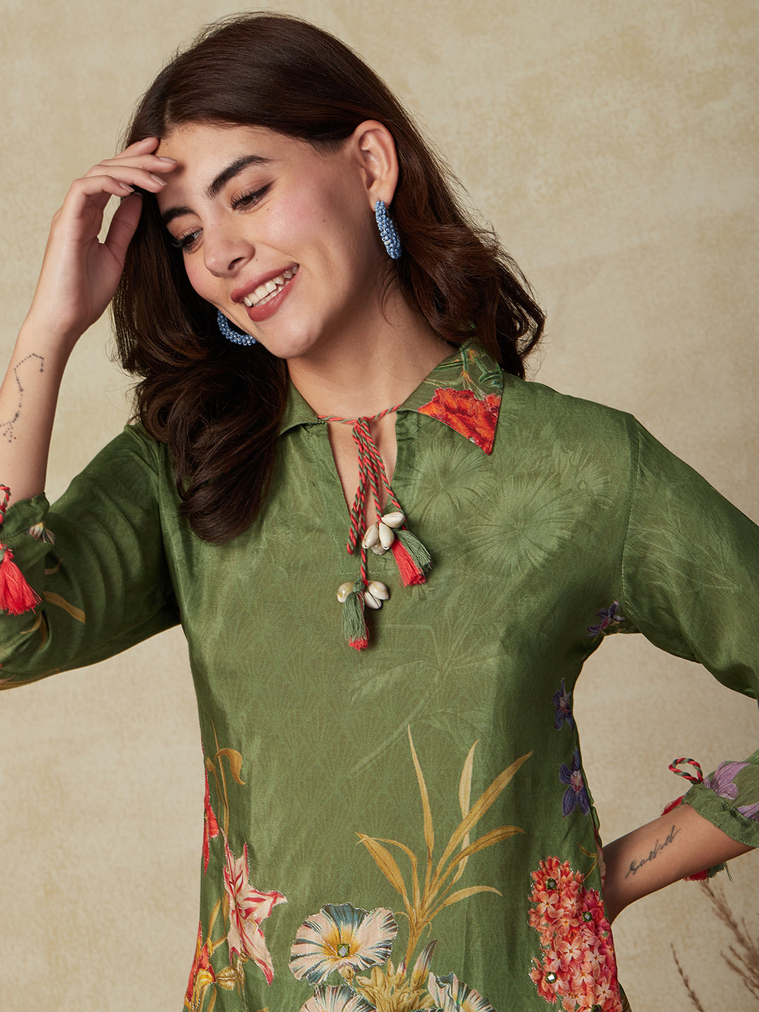 Floral Printed Mirror & Zari Embroidered Kurti with Pants Indo-Western Co-ord Set - Green