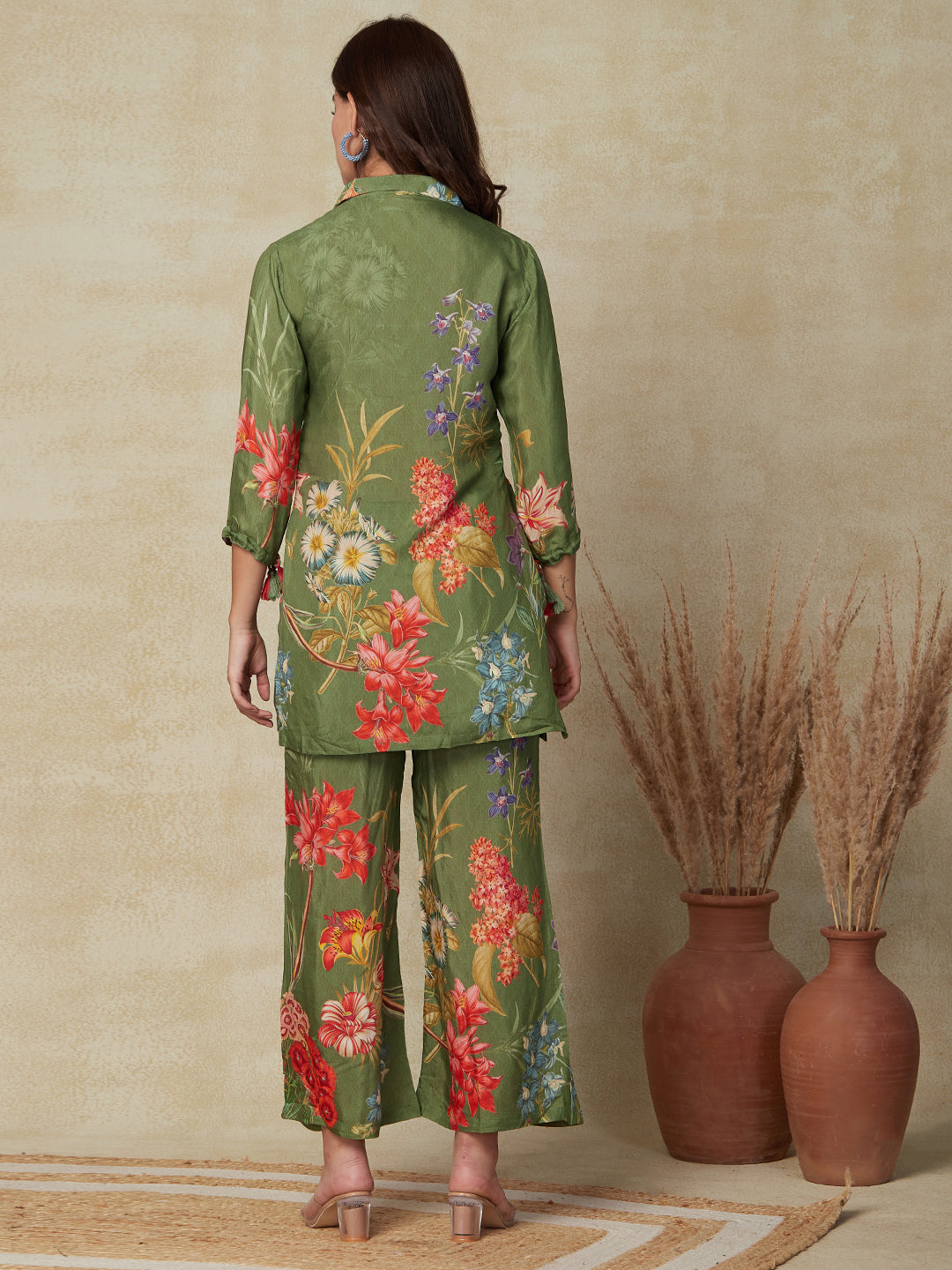 Floral Printed Mirror & Zari Embroidered Kurti with Pants Indo-Western Co-ord Set - Green