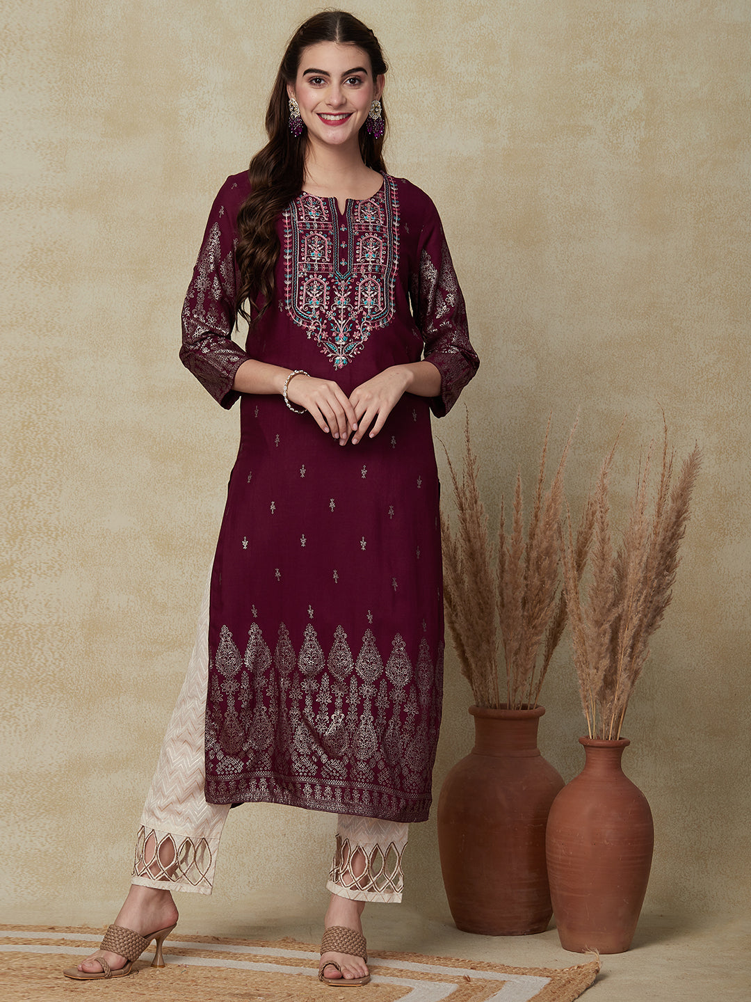 Ethnic Foil Printed Flared Palazzo - Deep Red – FASHOR