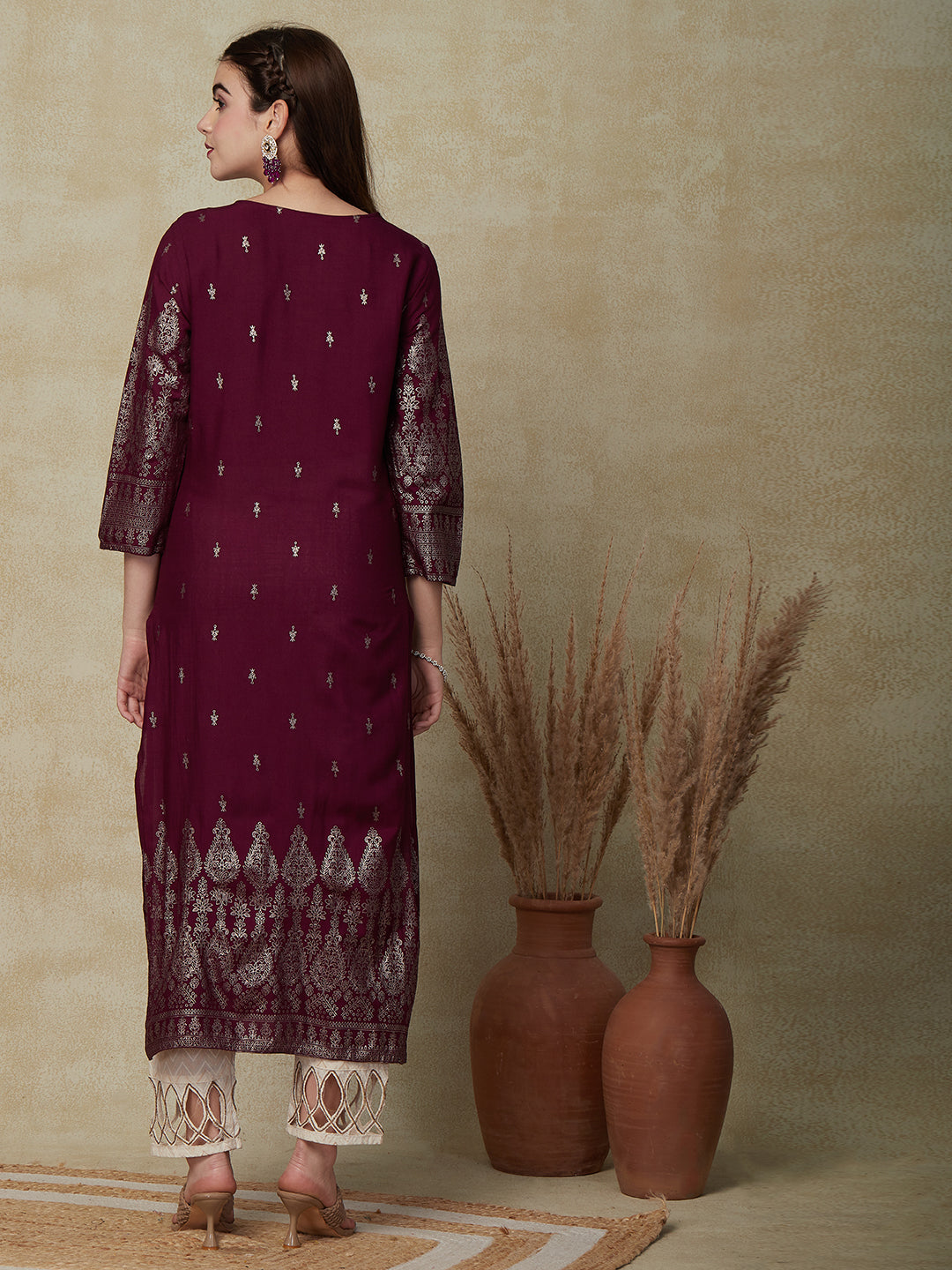 Ethnic & Floral Foil Printed Resham Embroidered Kurta - Dark Mauve