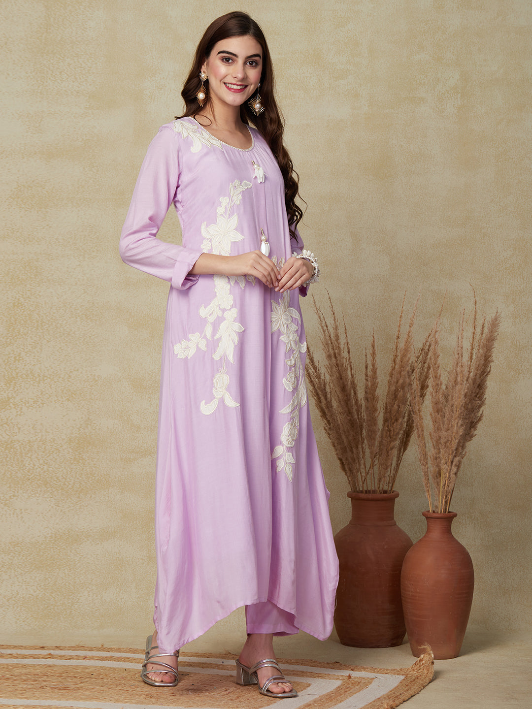 Striped Resham Applique Embroidered A-line Kurta with Pants - Purple
