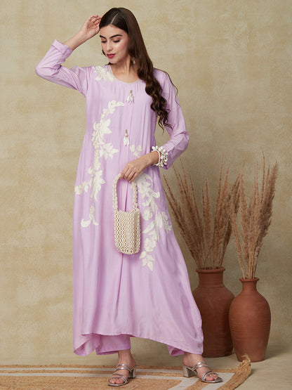 Striped Resham Applique Embroidered A-line Kurta with Pants - Purple
