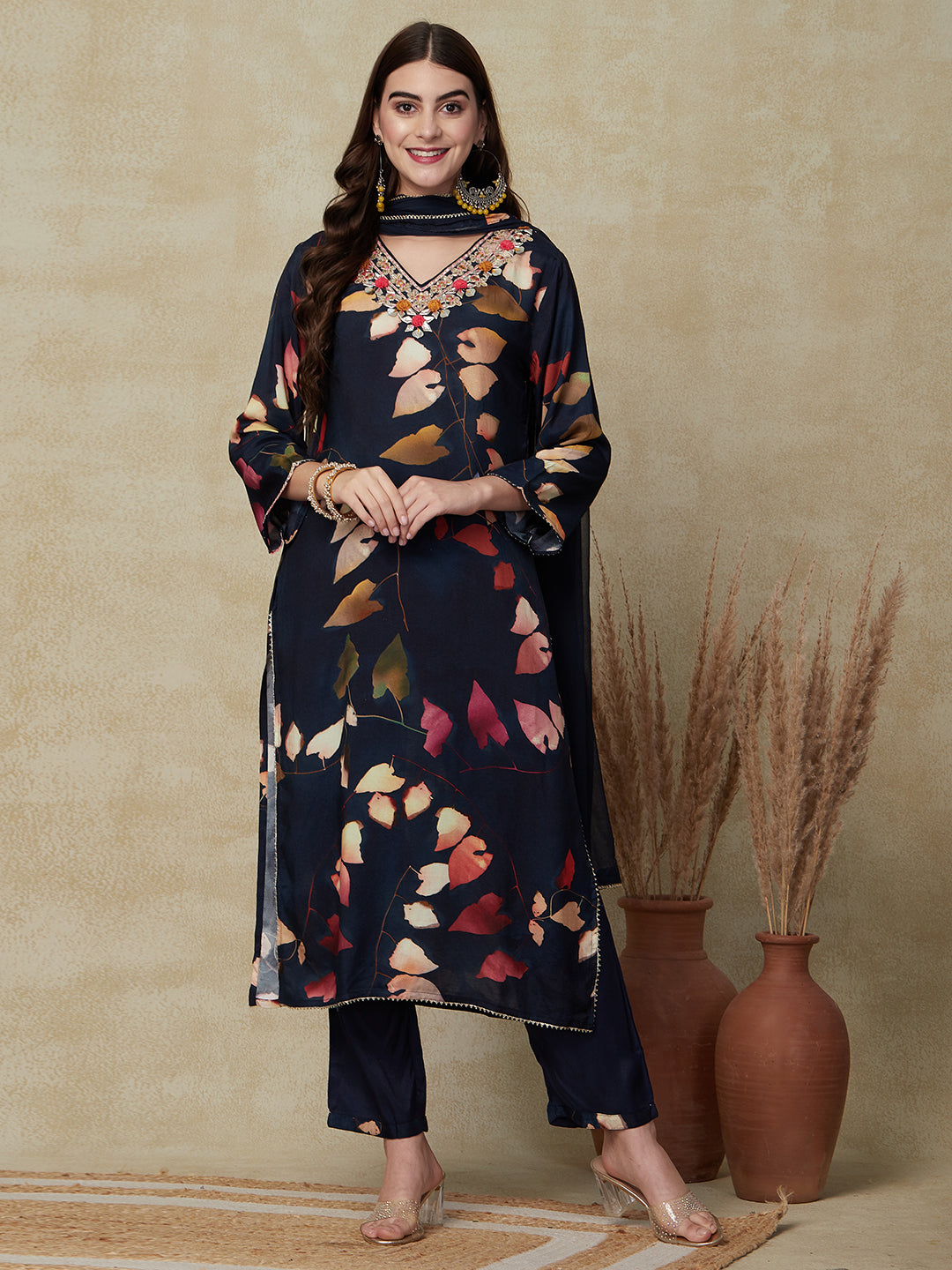 Abstract Printed Gotapatti & Mirror Embroidered Kurta with Pants & Dupatta - Blue
