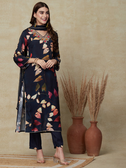 Abstract Printed Gotapatti & Mirror Embroidered Kurta with Pants & Dupatta - Blue