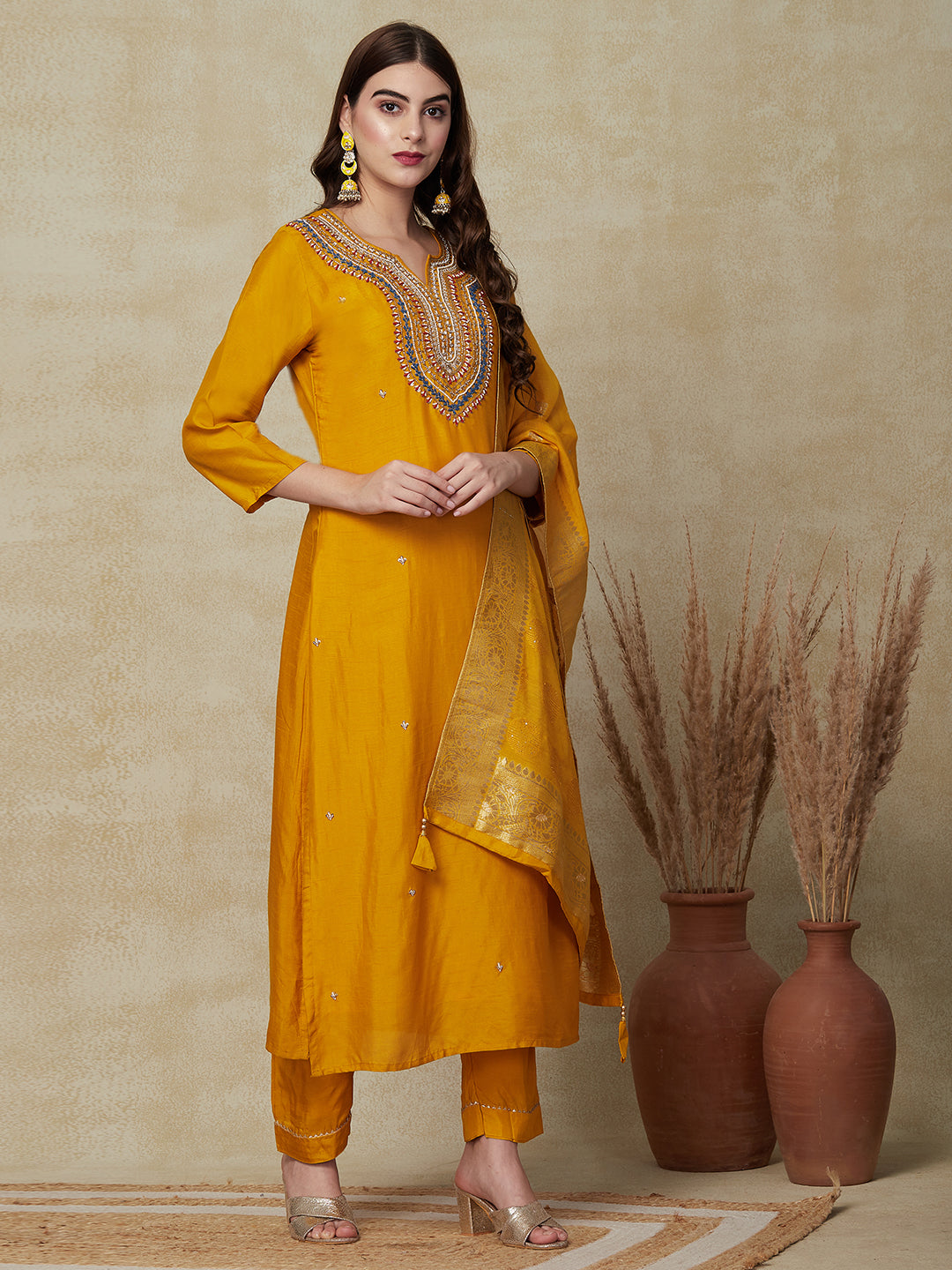Solid Ethnic Hand Embroidered Straight Fit Kurta with Pant & Dupatta - Yellow