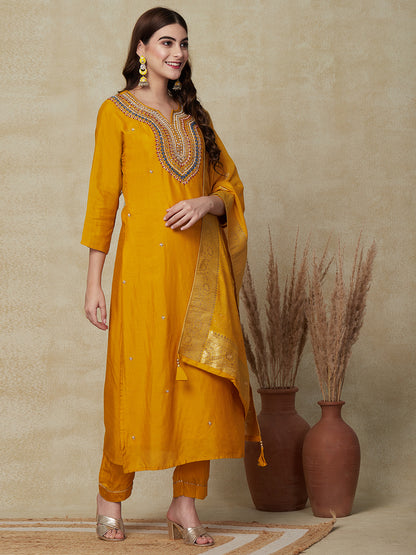 Solid Ethnic Hand Embroidered Straight Fit Kurta with Pant & Dupatta - Yellow