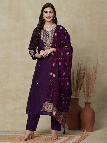 Solid Ethnic Hand Embroidered Straight Fit Kurta with Pant & Dupatta - Deep Purple