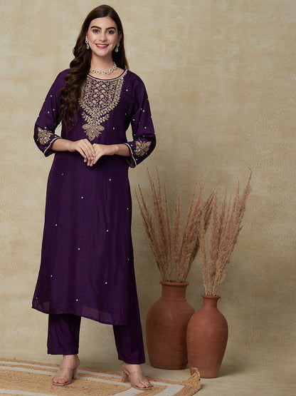 Solid Ethnic Hand Embroidered Straight Fit Kurta with Pant & Dupatta - Deep Purple