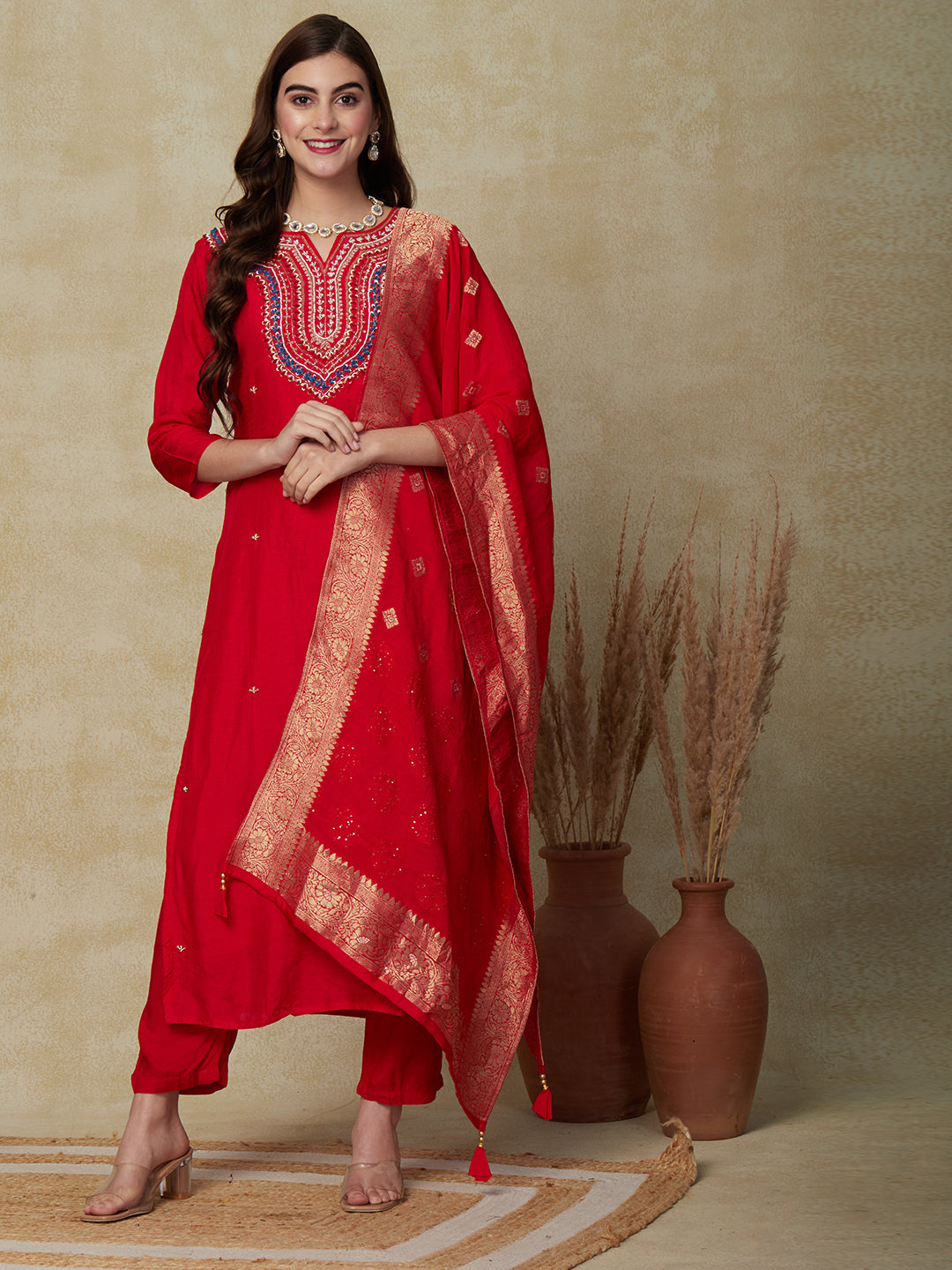 Solid Ethnic Hand Embroidered Straight Fit Kurta with Pant & Dupatta - Red