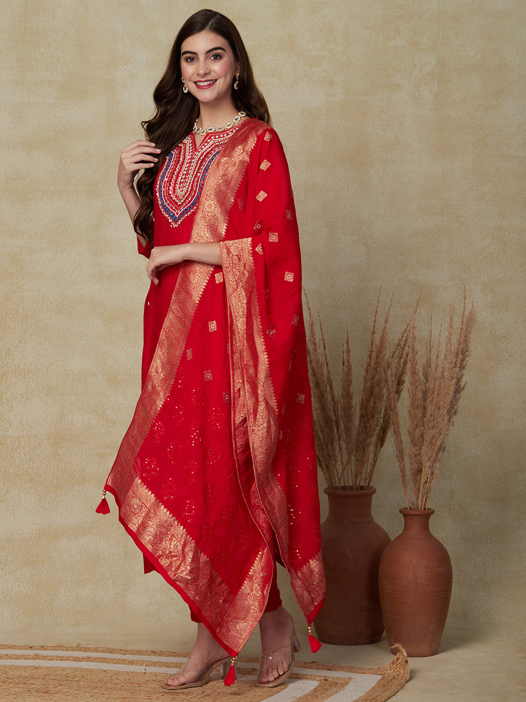 Solid Ethnic Hand Embroidered Straight Fit Kurta with Pant & Dupatta - Red