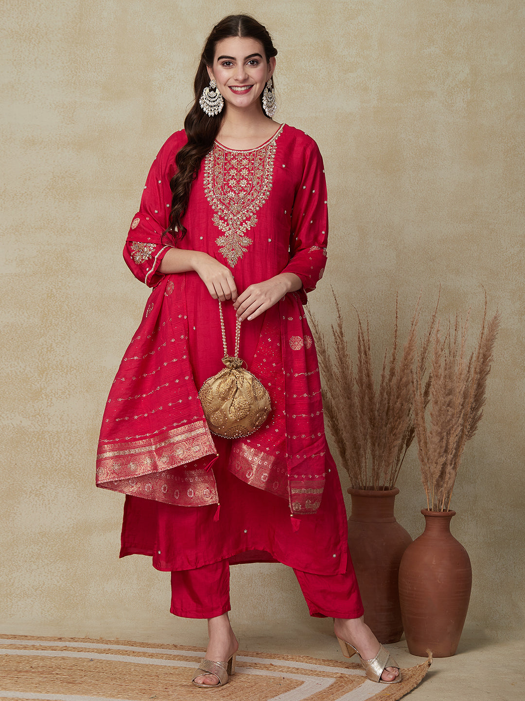 Solid Ethnic Hand Embroidered Straight Fit Kurta with Pant & Dupatta - Pink