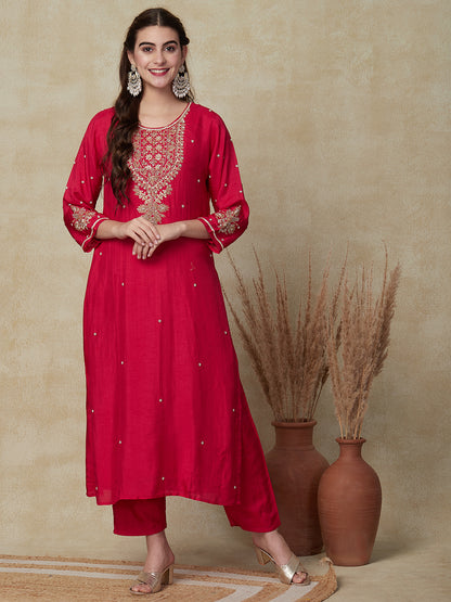 Solid Ethnic Hand Embroidered Straight Fit Kurta with Pant & Dupatta - Pink