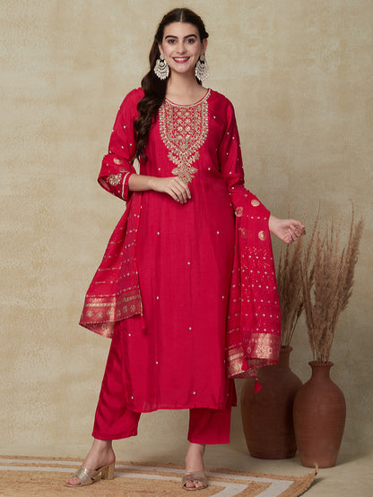 Solid Ethnic Hand Embroidered Straight Fit Kurta with Pant & Dupatta - Pink