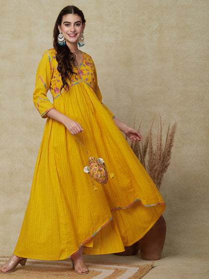 Solid Ethnic Mirror Work Embroidered A-Line Pleated Kurta with Pant - Yellow