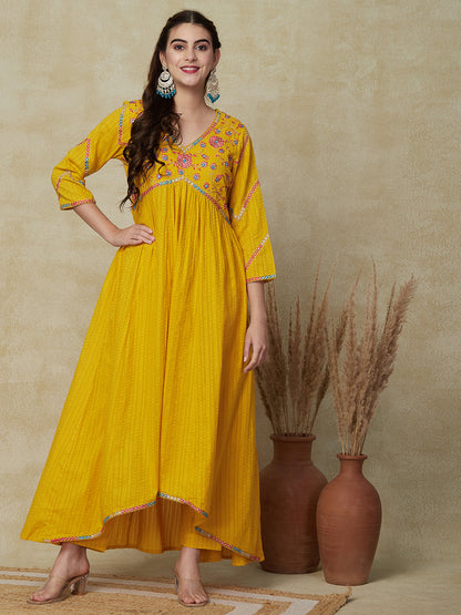 Solid Ethnic Mirror Work Embroidered A-Line Pleated Kurta with Pant - Yellow
