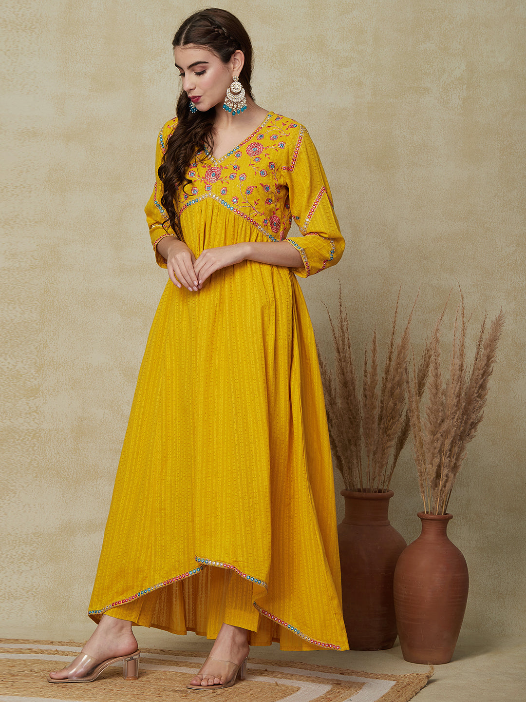 Solid Ethnic Mirror Work Embroidered A-Line Pleated Kurta with Pant - Yellow