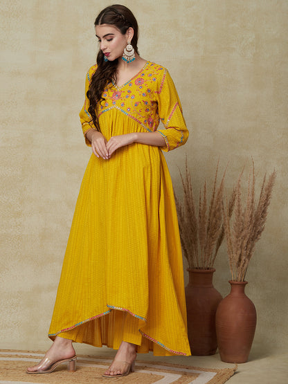 Solid Ethnic Mirror Work Embroidered A-Line Pleated Kurta with Pant - Yellow