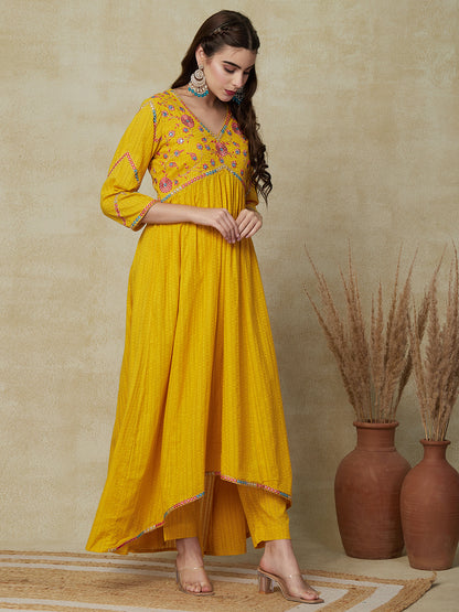 Solid Ethnic Mirror Work Embroidered A-Line Pleated Kurta with Pant - Yellow