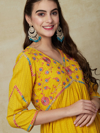 Solid Ethnic Mirror Work Embroidered A-Line Pleated Kurta with Pant - Yellow
