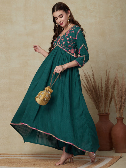 Solid Ethnic Mirror Work Embroidered A-Line Pleated Kurta with Pant - Green