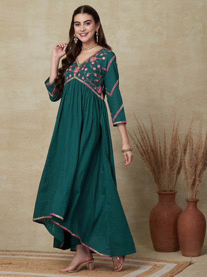 Solid Ethnic Mirror Work Embroidered A-Line Pleated Kurta with Pant - Green