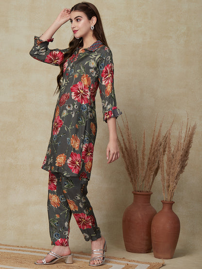 Floral Printed Resham & Beads Embroidered Kurta with Pants Co-ord Set - Grey