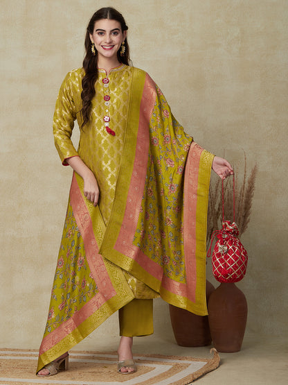 Woven Zari Jacquard Mirror Embellished Kurta with Pants & Jacquard Dupatta - Mustard