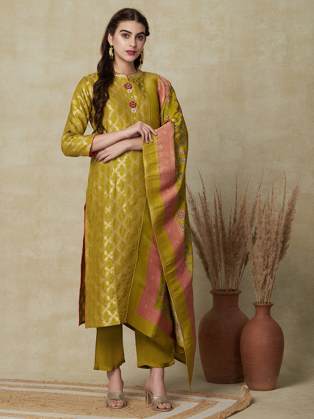 Woven Zari Jacquard Mirror Embellished Kurta with Pants & Jacquard Dupatta - Mustard