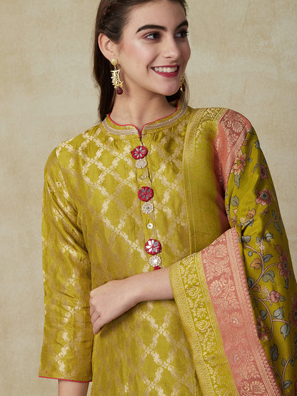 Woven Zari Jacquard Mirror Embellished Kurta with Pants & Jacquard Dupatta - Mustard