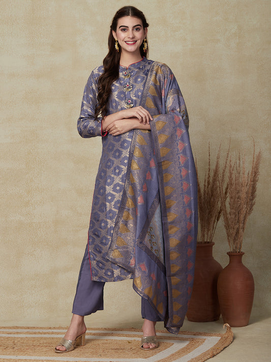 Ethnic Woven Straight Fit Kurta with Pant & Dupatta - Lavender