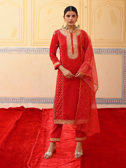 Solid Zari & Sequins Embroidered Kurta with Pants & Bandhani Dupatta - Red