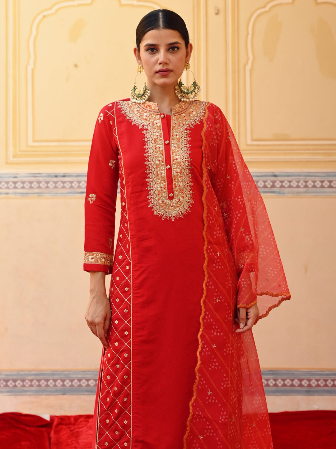 Solid Zari & Sequins Embroidered Kurta with Pants & Bandhani Dupatta - Red