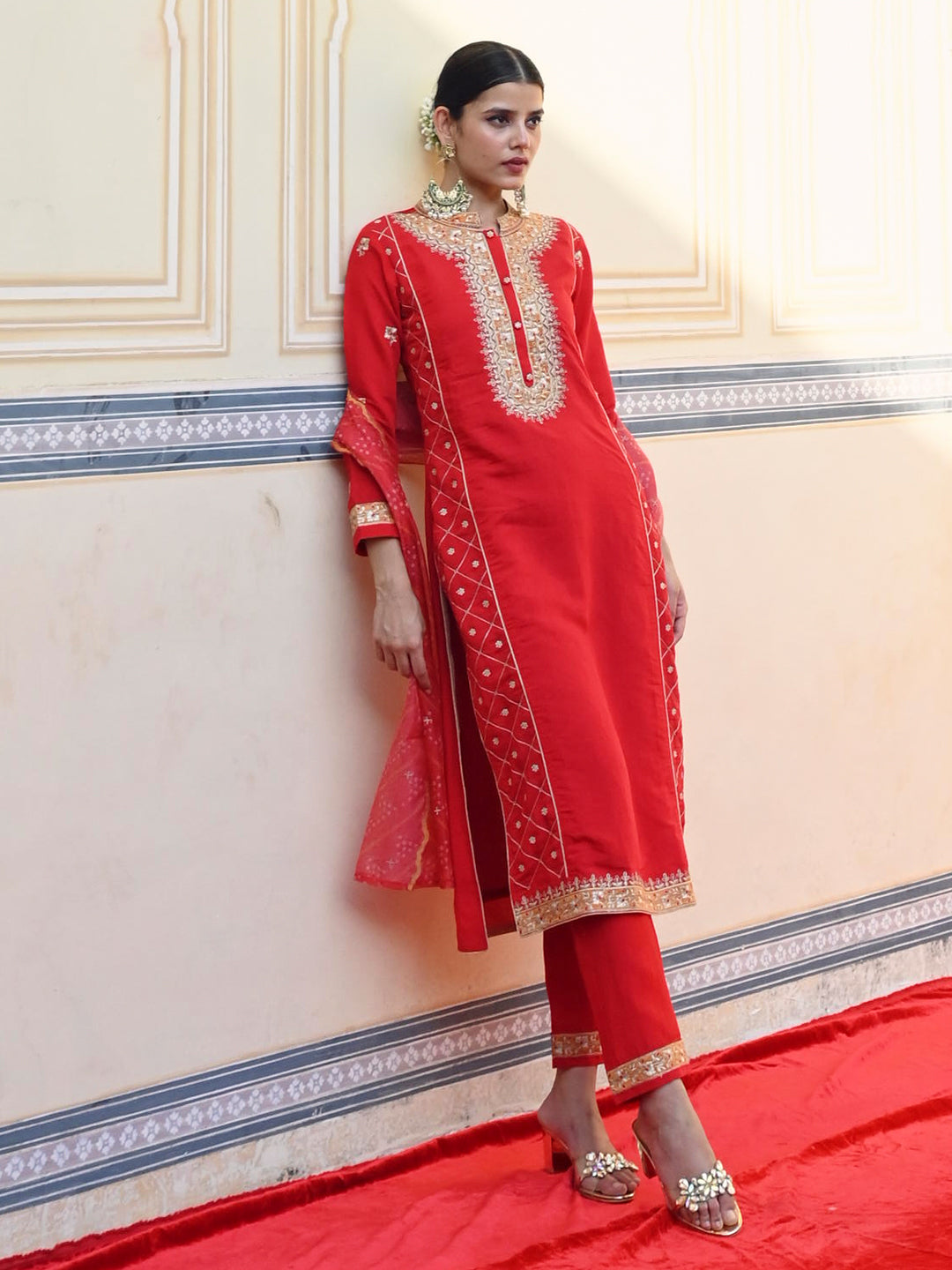 Solid Zari & Sequins Embroidered Kurta with Pants & Bandhani Dupatta - Red