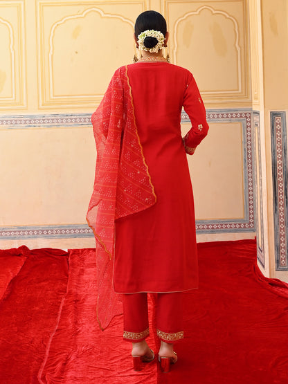 Solid Zari & Sequins Embroidered Kurta with Pants & Bandhani Dupatta - Red