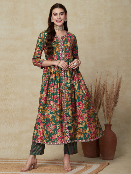 Floral Printed & Embroidered A-Line Pleated Kurta with Pant & Dupatta - Green